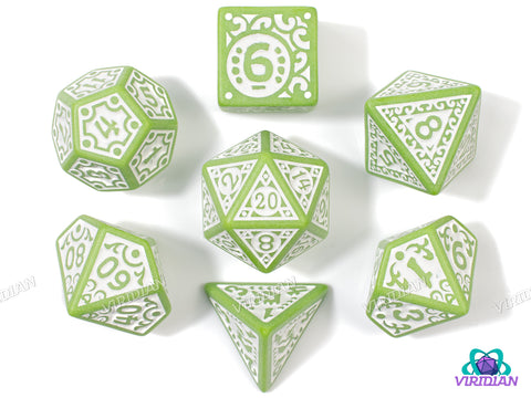 Gilded Age (Green) | Stylized Light Olive-Lime & White | Acrylic Dice Set (7)