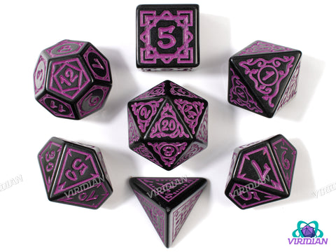 Arcane Hunt: Dionysus | Ornate Black & Light Purple Stylized, Art Deco, Vines, Bows, Antlers | Acrylic Dice Set (7)