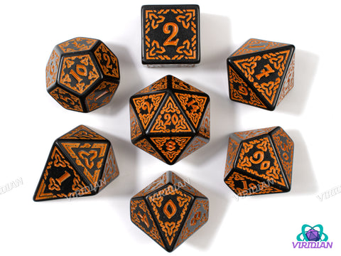 Celtic Knots: Brigid | Ornate Black & Orange Stylized Interweaved | Acrylic Dice Set (7)