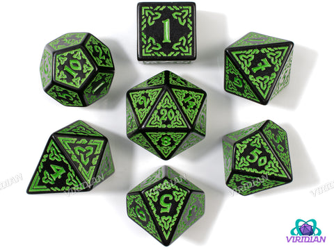 Celtic Knots: Danu | Ornate Black & Green Stylized Interweaved | Acrylic Dice Set (7)