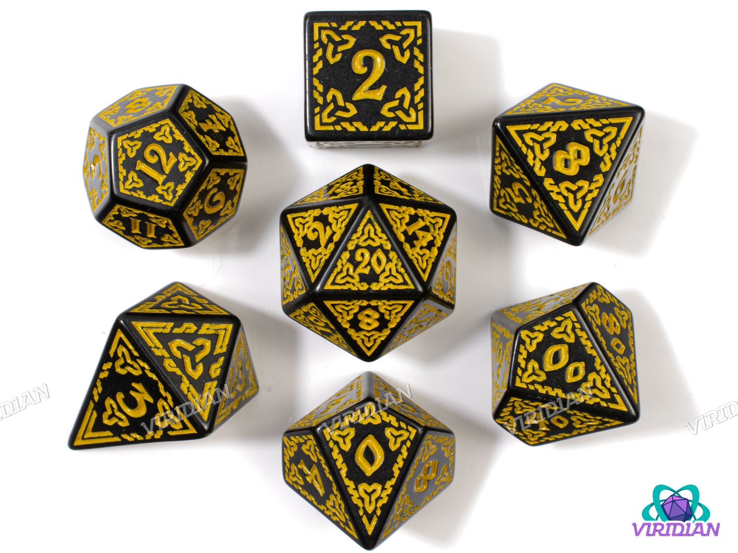 Celtic Knots: Belenus | Ornate Black & Yellow Stylized Interweaved | Acrylic Dice Set (7)