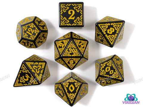 Celtic Knots: Belenus | Ornate Black & Yellow Stylized Interweaved | Acrylic Dice Set (7)