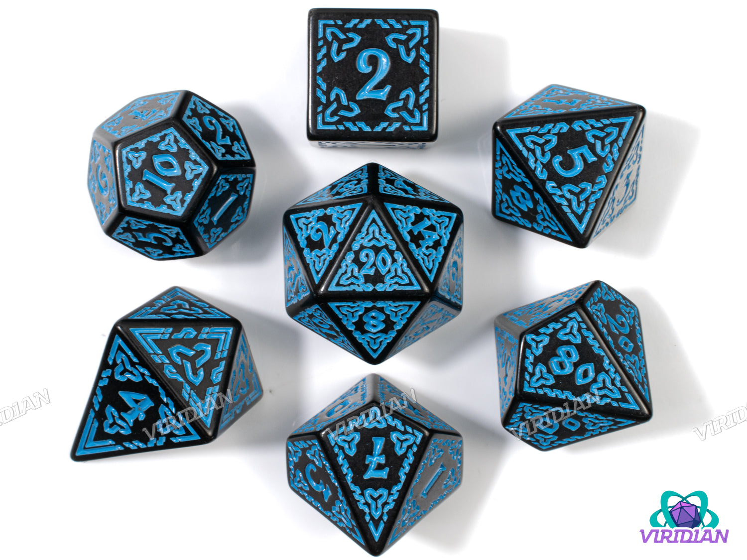 Celtic Knots: Manannán mac Lir | Ornate Black & Blue Stylized Interweaved | Acrylic Dice Set (7)