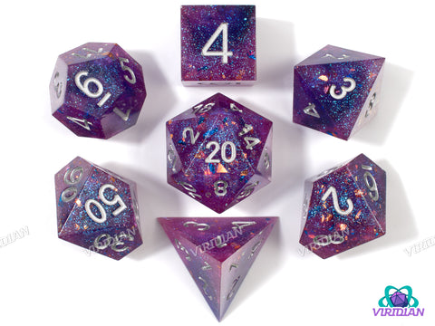 Violet Shard | Glittery Purple, Sharp-Edged, Gold Foil, Silver Ink | Resin Dice Set (7)