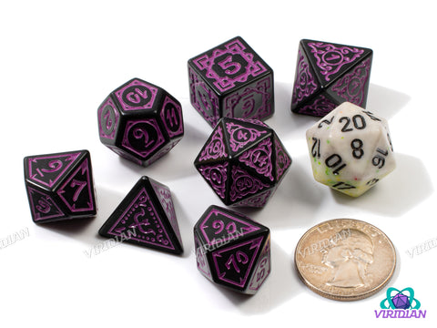 Arcane Hunt: Dionysus | Ornate Black & Light Purple Stylized, Art Deco, Vines, Bows, Antlers | Acrylic Dice Set (7)