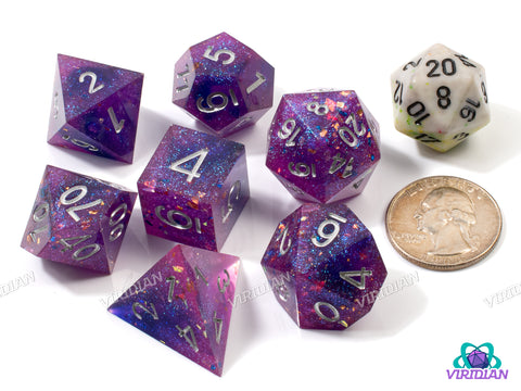 Violet Shard | Glittery Purple, Sharp-Edged, Gold Foil, Silver Ink | Resin Dice Set (7)