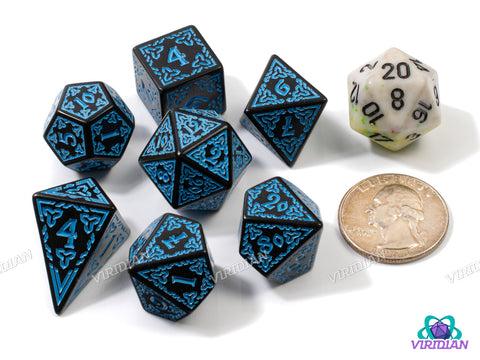 Celtic Knots: Manannán mac Lir | Ornate Black & Blue Stylized Interweaved | Acrylic Dice Set (7)