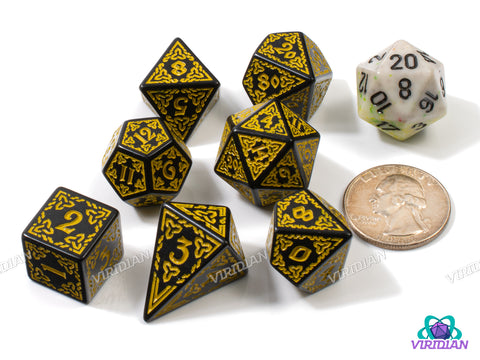 Celtic Knots: Belenus | Ornate Black & Yellow Stylized Interweaved | Acrylic Dice Set (7)