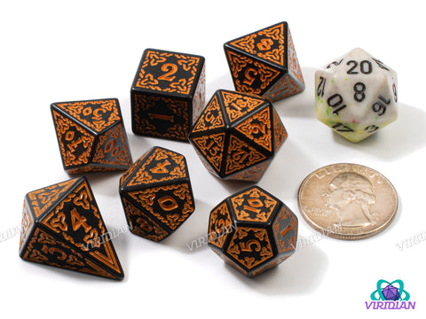 Celtic Knots: Brigid | Ornate Black & Orange Stylized Interweaved | Acrylic Dice Set (7)