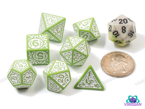 Gilded Age (Green) | Stylized Light Olive-Lime & White | Acrylic Dice Set (7)