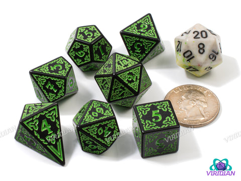 Celtic Knots: Danu | Ornate Black & Green Stylized Interweaved | Acrylic Dice Set (7)