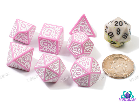 Gilded Age (Pink) | Stylized Bright Bubblegum Pink & White | Acrylic Dice Set (7)