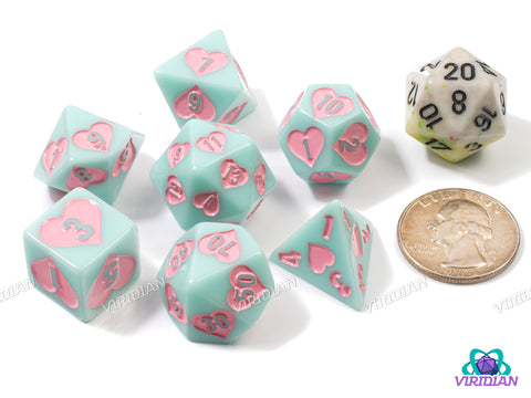 Seaside Sweetheart | Light Pastel Aqua-Teal, Pink Heart Design | Resin Dice Set (7)