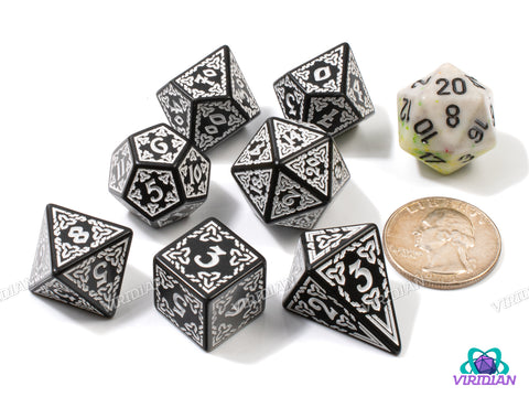 Celtic Knots: Lugh | Ornate Black & White Stylized Interweaved | Acrylic Dice Set (7)