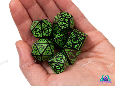 Celtic Knots: Danu | Ornate Black & Green Stylized Interweaved | Acrylic Dice Set (7)