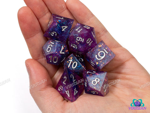 Violet Shard | Glittery Purple, Sharp-Edged, Gold Foil, Silver Ink | Resin Dice Set (7)