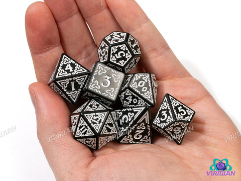 Celtic Knots: Lugh | Ornate Black & White Stylized Interweaved | Acrylic Dice Set (7)