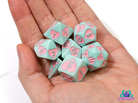 Seaside Sweetheart | Light Pastel Aqua-Teal, Pink Heart Design | Resin Dice Set (7)