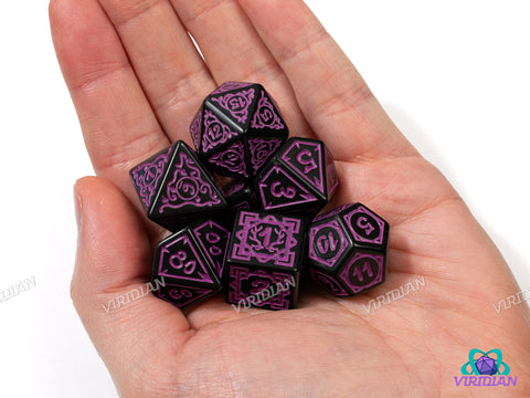 Arcane Hunt: Dionysus | Ornate Black & Light Purple Stylized, Art Deco, Vines, Bows, Antlers | Acrylic Dice Set (7)