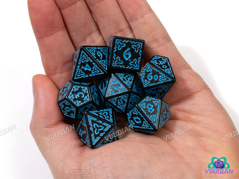 Celtic Knots: Manannán mac Lir | Ornate Black & Blue Stylized Interweaved | Acrylic Dice Set (7)