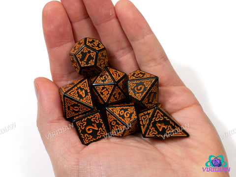 Celtic Knots: Brigid | Ornate Black & Orange Stylized Interweaved | Acrylic Dice Set (7)