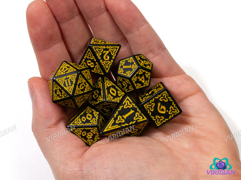 Celtic Knots: Belenus | Ornate Black & Yellow Stylized Interweaved | Acrylic Dice Set (7)