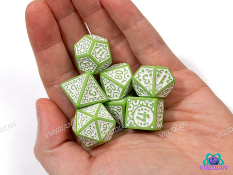 Gilded Age (Green) | Stylized Light Olive-Lime & White | Acrylic Dice Set (7)