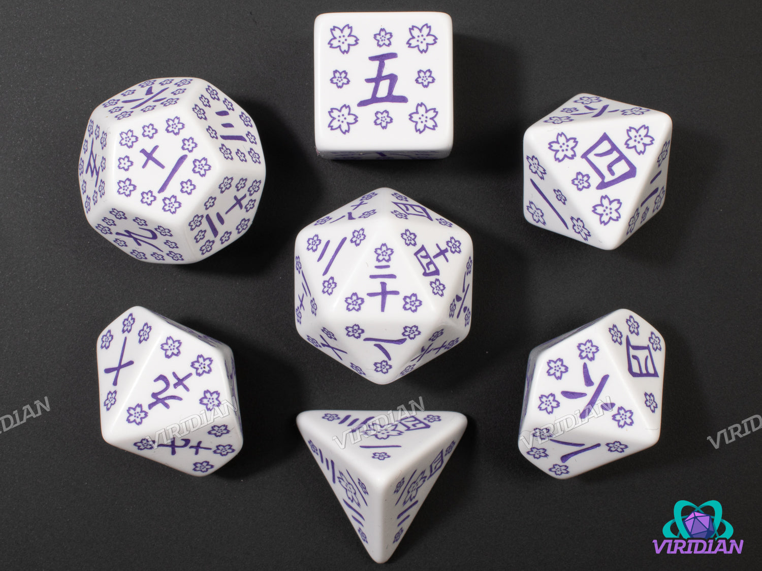 Blue Star Lotus | White & Purple Kanji Japanese Design | Q Workshop | Acrylic Dice Set (7)