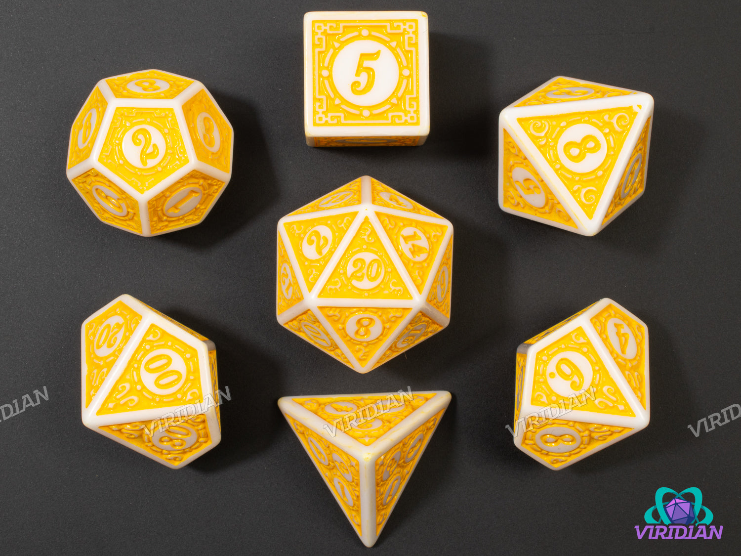 Bee's Knees | Roaring 20s: Stylized Bright Yellow & White | Acrylic Dice Set (7)