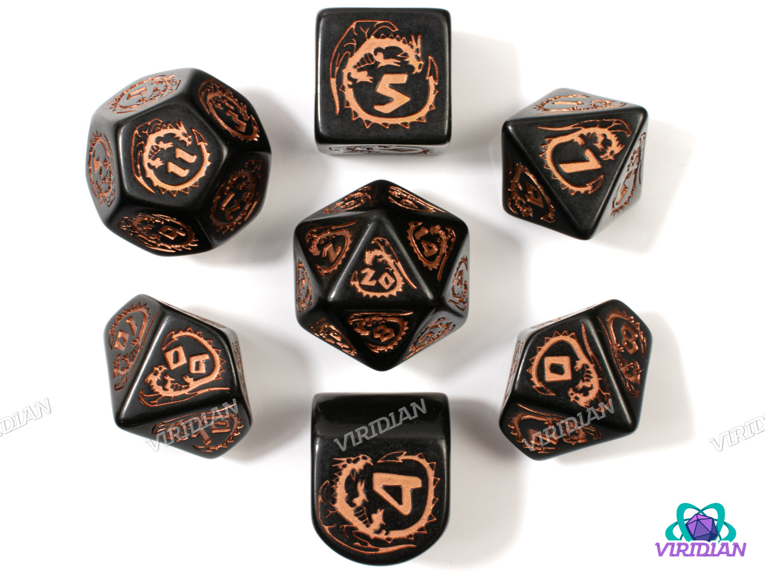 Dragons: Obsidian | Black & Copper, Modern D4 | Q Workshop | Acrylic Dice Set (7)