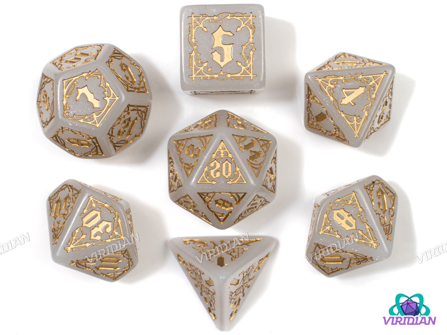 Bloodsucker: Immortal | Shimmering White & Gold, Vampire Theme | Q Workshop | Acrylic Dice Set (7)