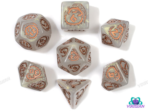 Dragons: Quartz | Pearl White & Shimmery Green, Copper Ink | Q Workshop | Acrylic Dice Set (7)