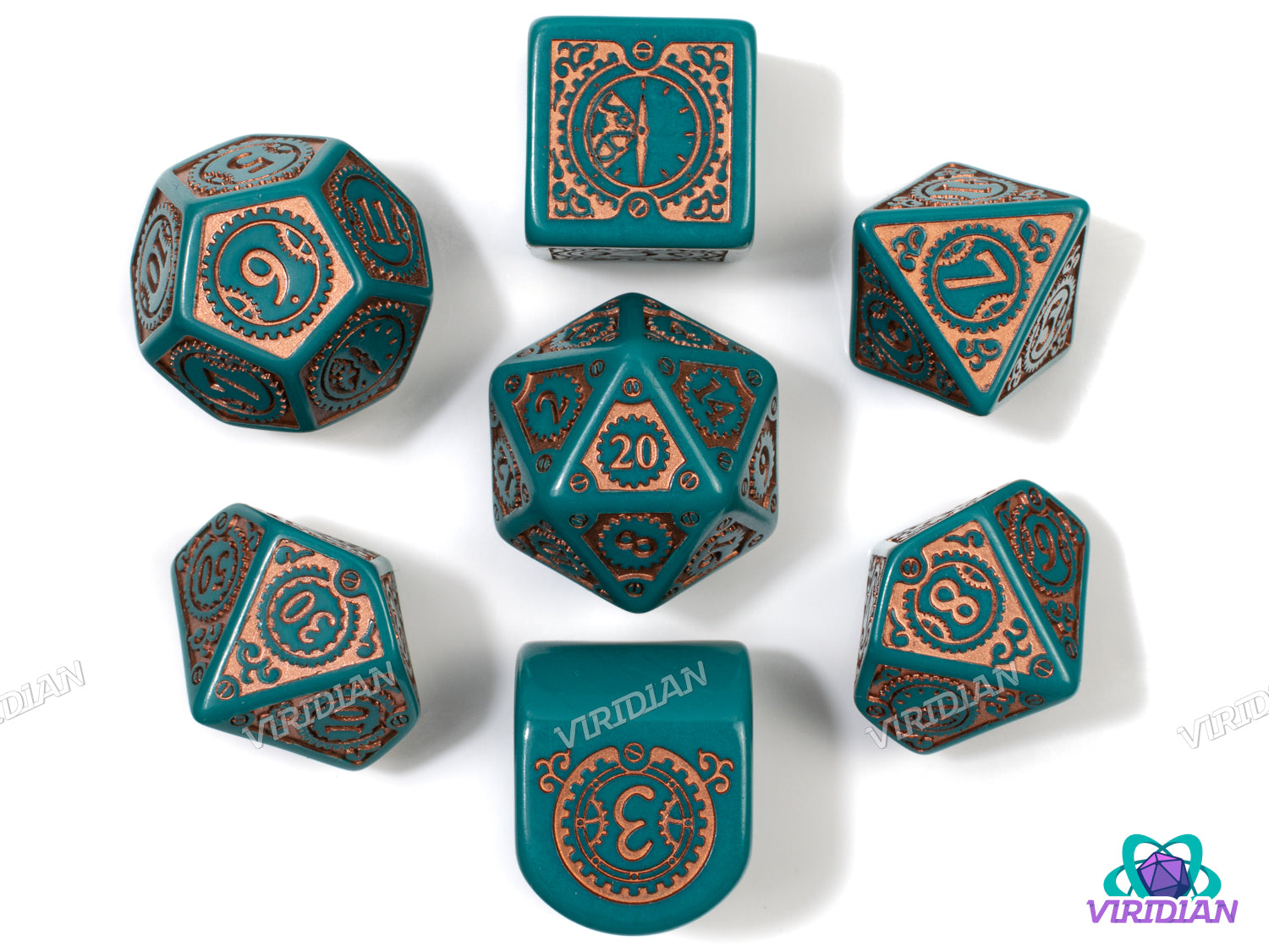 Steampunk Clockwork: Nautical Apparatus | Turquoise & Copper, Gears, Ornate, Modern D4 | Q Workshop | Acrylic Dice Set (7)