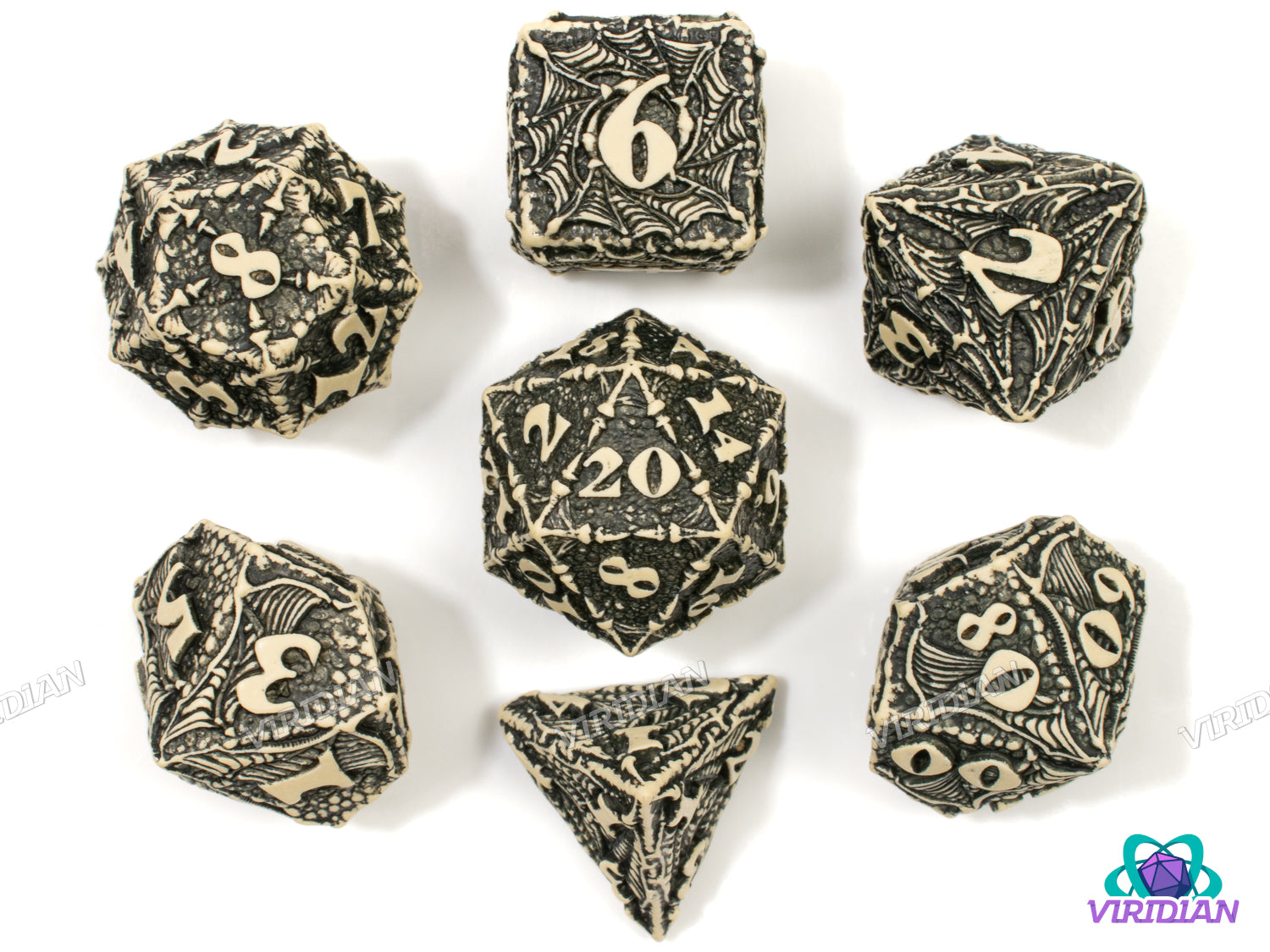 Dracopolis: The Scandinavian Blackfang | Beige and Black, Ornate, Carved Dragon Design, Wings, Claws, Scales | Q Workshop | Resin Dice Set (7)