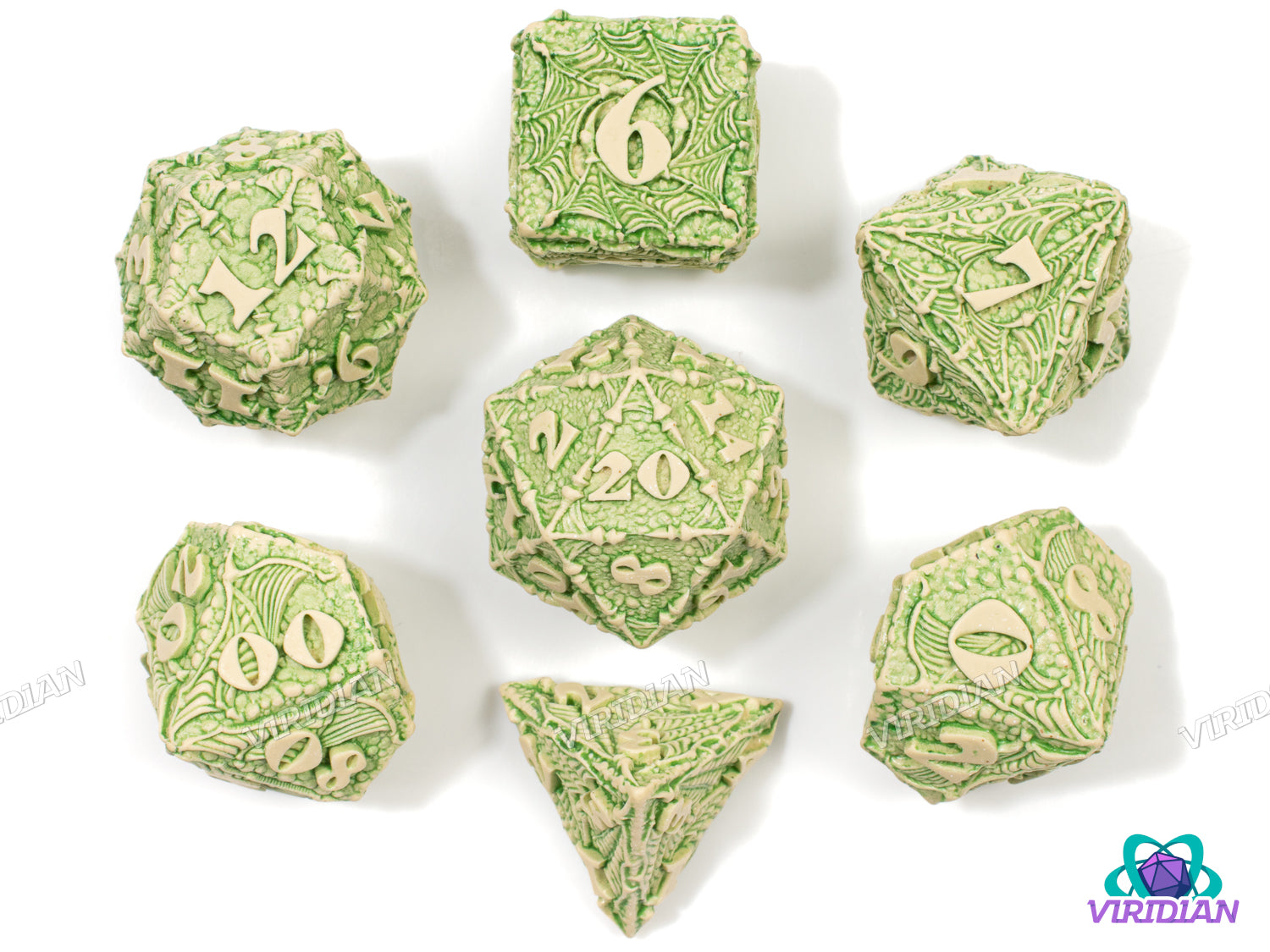 Dracopolis: The Andean Longneck | Beige and Light Green, Ornate, Carved Dragon Design, Wings, Claws, Scales | Q Workshop | Resin Dice Set (7)