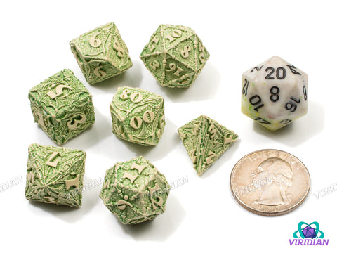 Dracopolis: The Andean Longneck | Beige and Light Green, Ornate, Carved Dragon Design, Wings, Claws, Scales | Q Workshop | Resin Dice Set (7)