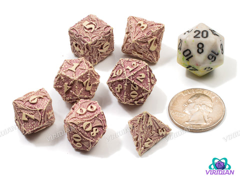 Dracopolis: The Yucatan Featherwing | Beige and Light Purple, Ornate, Carved Dragon Design, Wings, Claws, Scales | Q Workshop | Resin Dice Set (7)