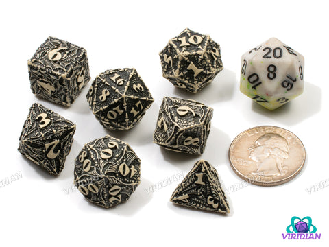 Dracopolis: The Scandinavian Blackfang | Beige and Black, Ornate, Carved Dragon Design, Wings, Claws, Scales | Q Workshop | Resin Dice Set (7)