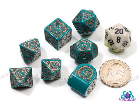 Steampunk Clockwork: Nautical Apparatus | Turquoise & Copper, Gears, Ornate, Modern D4 | Q Workshop | Acrylic Dice Set (7)