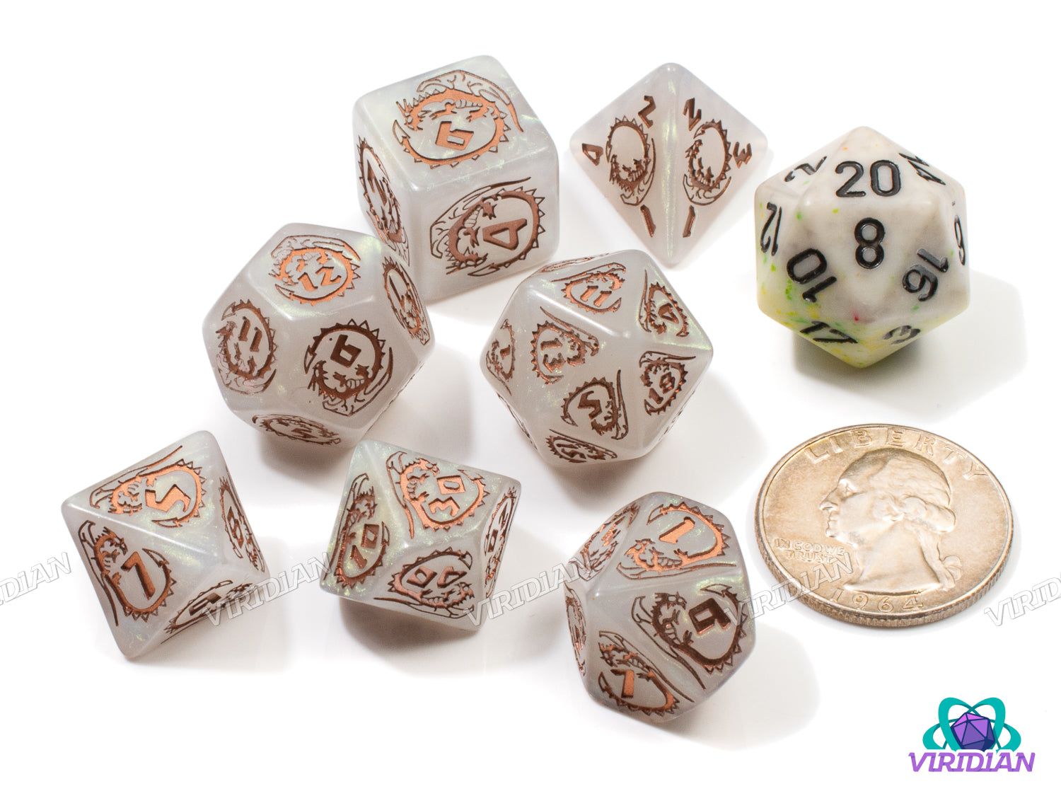 Dragons: Quartz (discontinued) | Pearl White & Shimmery Green, Copper Ink | Q Workshop | Acrylic Dice Set (7)