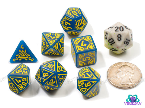 Arcade | Teal-Blue & Yellow, D-Pad Retro Video Game Design  | Q Workshop | Acrylic Dice Set (7)