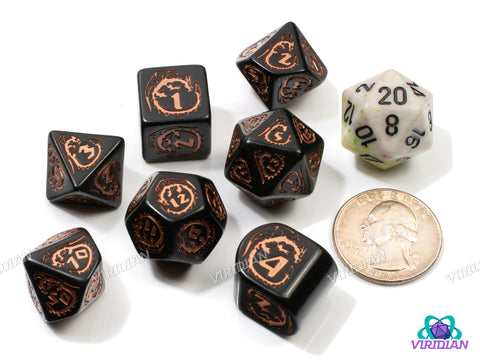 Dragons: Obsidian | Black & Copper, Modern D4 | Q Workshop | Acrylic Dice Set (7)