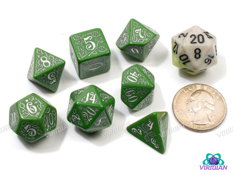 Pathfinder: Kingmaker | Green & Silver, Art Nouveau | Q Workshop | Acrylic Dice Set (7)