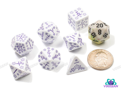 Blue Star Lotus | White & Purple Kanji Japanese Design | Q Workshop | Acrylic Dice Set (7)