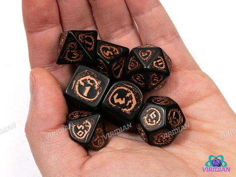 Dragons: Obsidian | Black & Copper, Modern D4 | Q Workshop | Acrylic Dice Set (7)