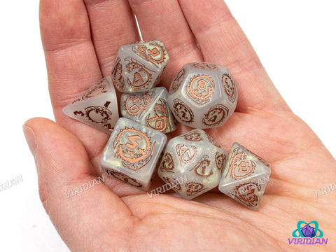 Dragons: Quartz | Pearl White & Shimmery Green, Copper Ink | Q Workshop | Acrylic Dice Set (7)