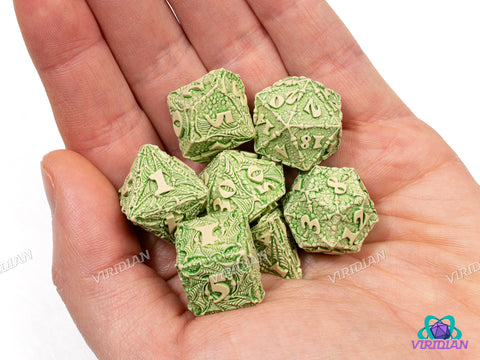 Dracopolis: The Andean Longneck | Beige and Light Green, Ornate, Carved Dragon Design, Wings, Claws, Scales | Q Workshop | Resin Dice Set (7)