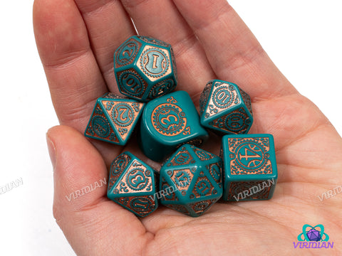 Steampunk Clockwork: Nautical Apparatus | Turquoise & Copper, Gears, Ornate, Modern D4 | Q Workshop | Acrylic Dice Set (7)