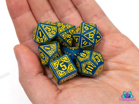 Arcade | Teal-Blue & Yellow, D-Pad Retro Video Game Design  | Q Workshop | Acrylic Dice Set (7)