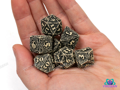 Dracopolis: The Scandinavian Blackfang | Beige and Black, Ornate, Carved Dragon Design, Wings, Claws, Scales | Q Workshop | Resin Dice Set (7)